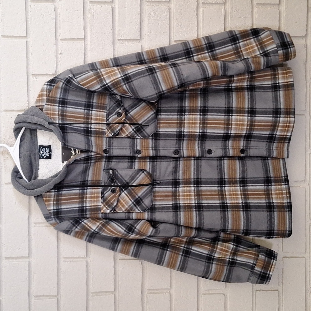 Gray and Tan Plaid Fleece  Fur Lined Hooded Jacket. Size Small  NWT